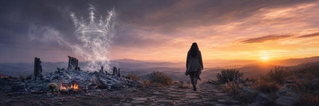 A person walks past burned ruins at sunset, smoke rising from ashes, symbolizing strength and spirit emerging from chaos.