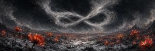 A smoky infinity symbol swirls above barren land with glowing red flowers, suggesting nature and reflection.