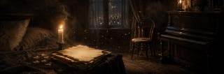 A lit candle rests on aged papers in a bedroom. Piano music plays and city lights are visible through the window.