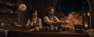 Two people serve bread and drinks in a cozy kitchen, with a surreal night sky visible through an open archway.