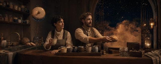 Two people serve bread and drinks in a cozy kitchen, with a surreal night sky visible through an open archway.