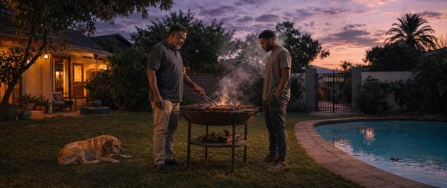 Two people grilling by the pool at sunset with a dog nearby, surrounded by nature and calm water reflections.