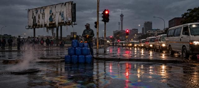 A person stands next to stacked blue containers on a wet city street with reflections, under cloudy skies and a worn billboard.