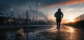 A person runs energetically down a wet city street at sunset, with buildings and streetlights reflecting in puddles filled with trash.