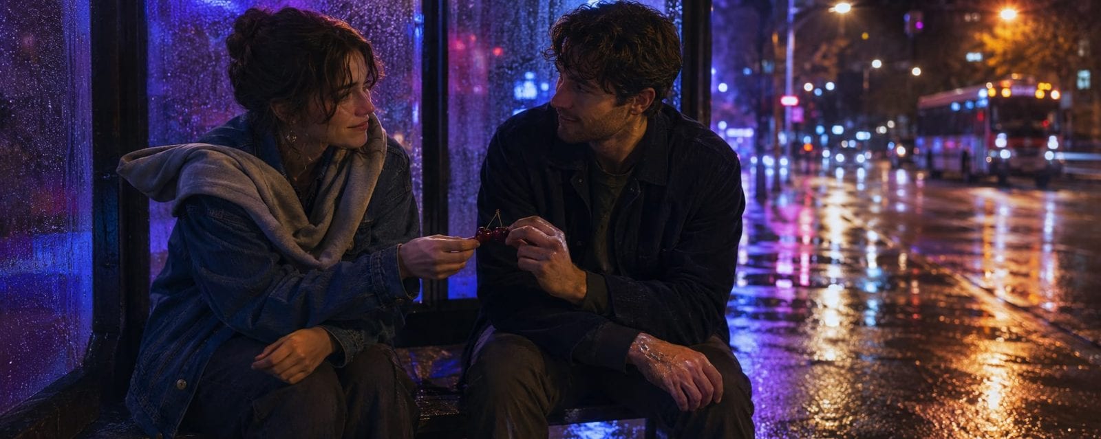 Two people share a snack at a rainy bus stop at night, city lights reflecting on the wet pavement.