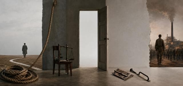 A door opens between a lone figure on a path and a crowd by a factory, with various objects scattered on the ground below.