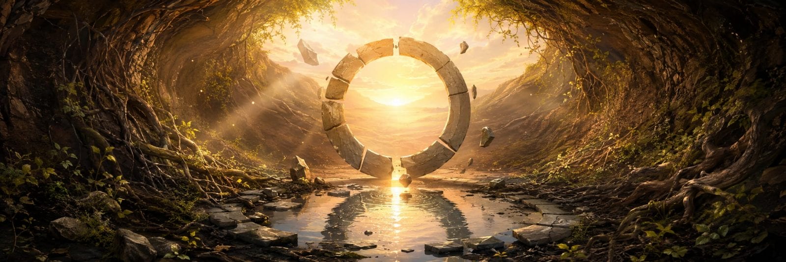 A stone ring floats over water in a forest clearing at sunset, reflecting the harmony between nature and tranquility.