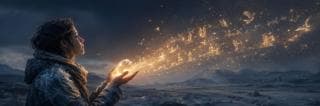 A person holds a glowing orb, sending magical shapes into a snowy landscape, evoking nature and reflection.