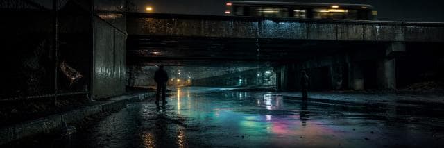 Two anonymous figures stand apart beneath a rain-dark bridge while a bus passes overhead and petrol-coloured water reflects the light.
