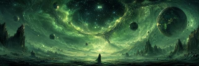 A cloaked figure stands on cracked ground under a swirling green sky, evoking a surreal and chaotic atmosphere.