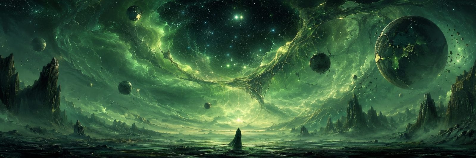 A cloaked figure stands on cracked ground under a swirling green sky, evoking a surreal and chaotic atmosphere.
