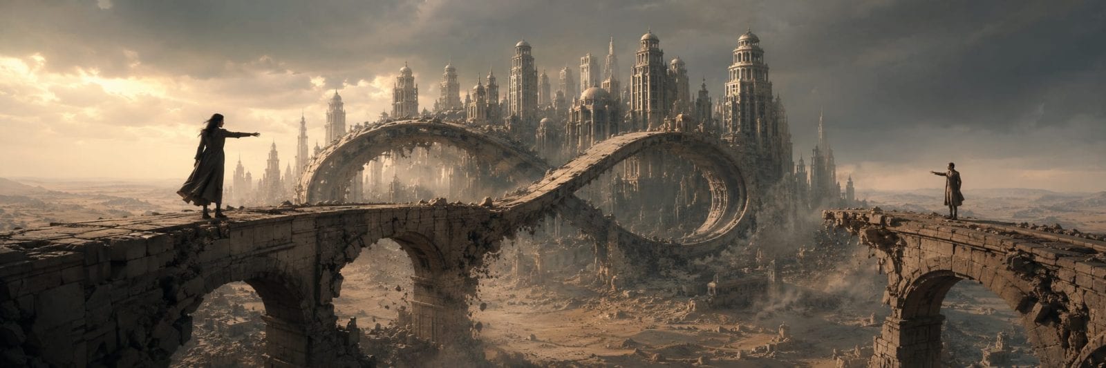 Two figures stand on broken bridges with an infinity-shaped stone and a grand city looming in the background.