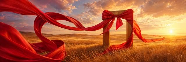 A wooden door frame wrapped with red ribbon stands in a golden field at sunset, contrasting with the chaos surrounding it.