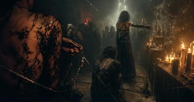 People in black lace gather around a table with candles as one person raises their arms to the crowd, expressing satire and subversion.