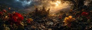 A weathered crown lies among bright flowers and twisted roots beneath a dramatic, cloudy sunset sky.