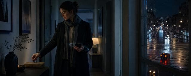 A woman in a dark coat stands by a table, holding her phone, with rain visible on the city street outside.