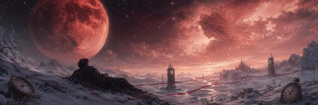 A person lies on snow while clocks and red threads swirl beneath a surreal moon and a woman's face in dramatic clouds.