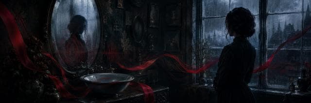 A woman stands by a window as rain falls; red ribbons float from a mirror that reflects her strength and spirit amid chaos.