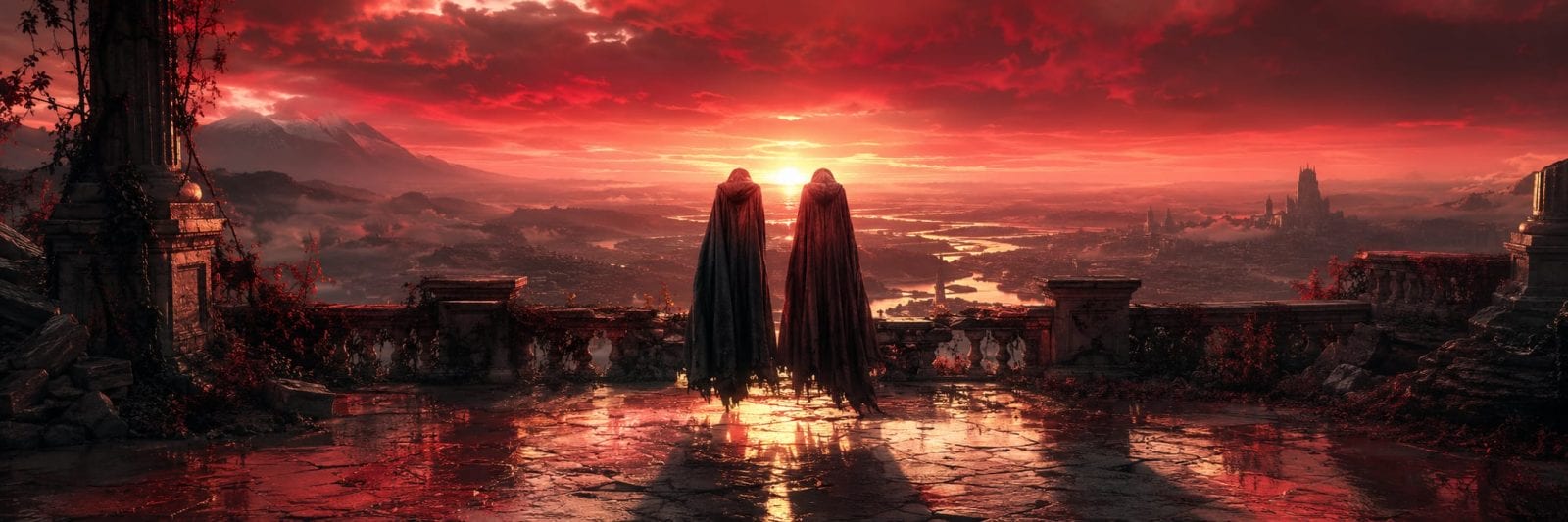 Two cloaked figures stand on ancient ruins, overlooking a chaotic landscape beneath a dramatic red sunset sky.