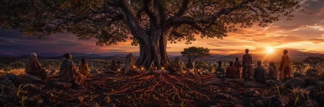 People gather under a large tree with glowing roots at sunset, surrounded by the savanna's vast horizon.