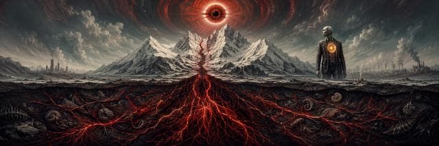 A glowing red eye hovers above snowy peaks with luminous roots and a figure’s radiant chest mirroring natural chaos.