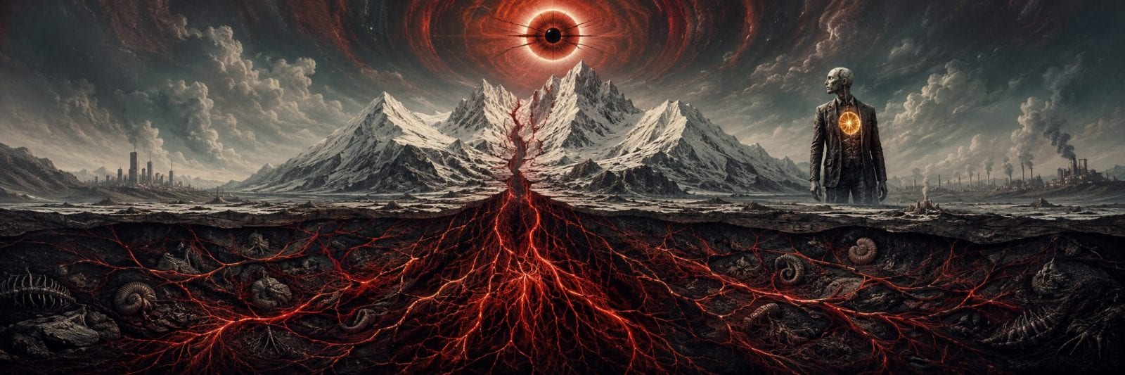 A glowing red eye hovers above snowy peaks with luminous roots and a figure’s radiant chest mirroring natural chaos.
