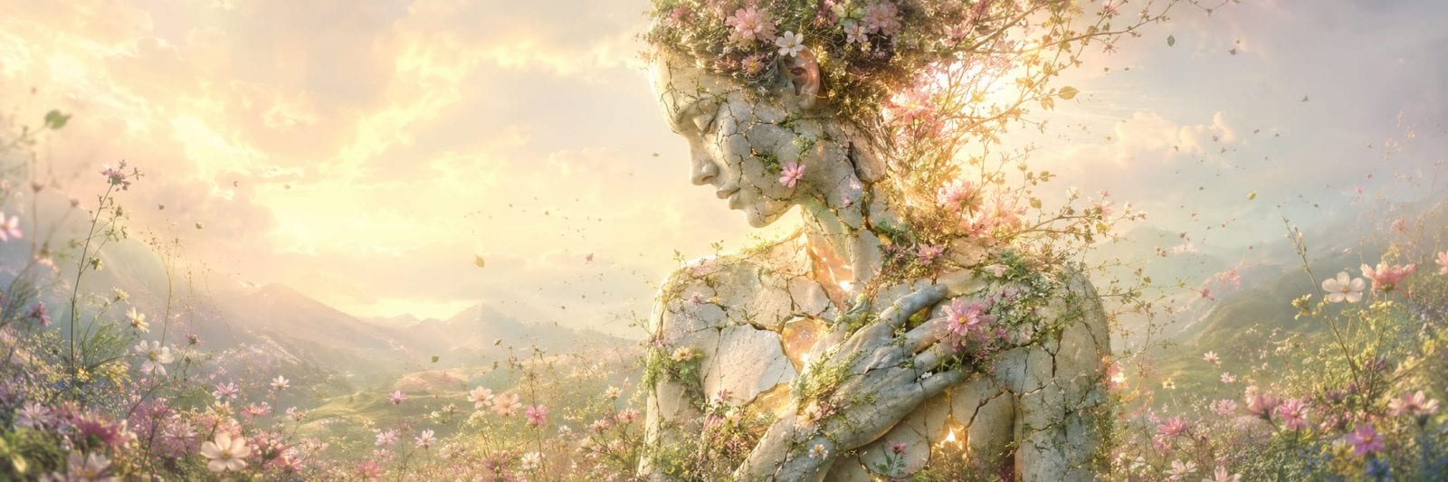 Cracked stone statue of a woman with flowers, symbolizing nature and reflection in a scenic landscape.