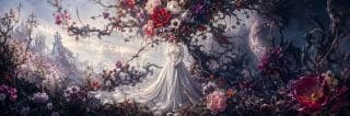 A white dress stands under a floral arch surrounded by colorful flowers and twisted branches in a surreal landscape.