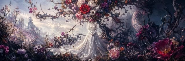 A white dress stands under a floral arch surrounded by colorful flowers and twisted branches in a surreal landscape.