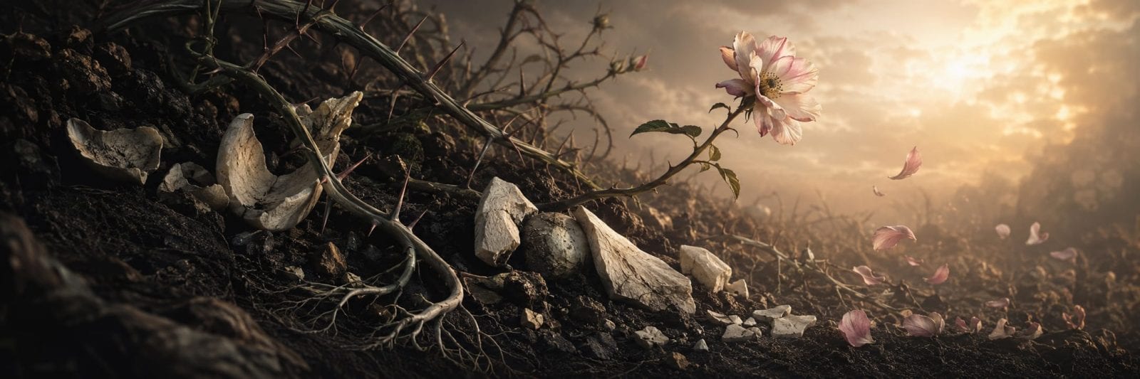 Pink flower grows among bones and rocks, its petals blowing away under a surreal, cloudy sunset sky.