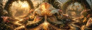 A large, ornate surreal flower streams water from its core among lush plants in a greenhouse.