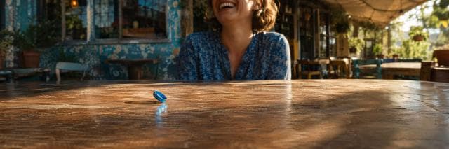 Person in a blue shirt smiles behind a wooden table, with an upright blue bottle cap displayed in the foreground.