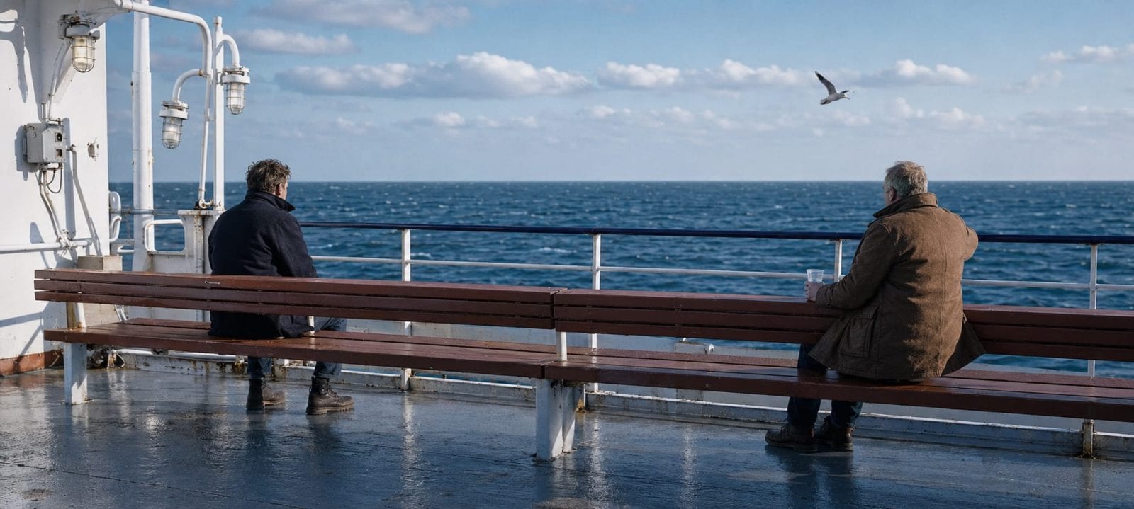 Two men sit on benches on a ship deck, quietly gazing at the ocean, clouds, and a bird soaring overhead.
