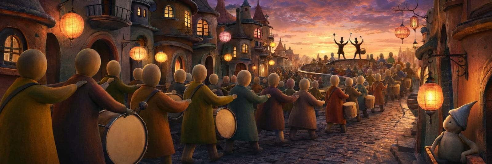 People in robes parade with drums on a cobblestone street as lanterns glow, with a satirical stage performance ahead.