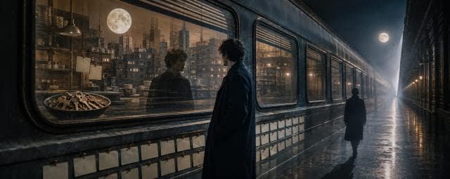 A person stands by a train window at night, their reflection visible. Another figure walks down the wet platform.