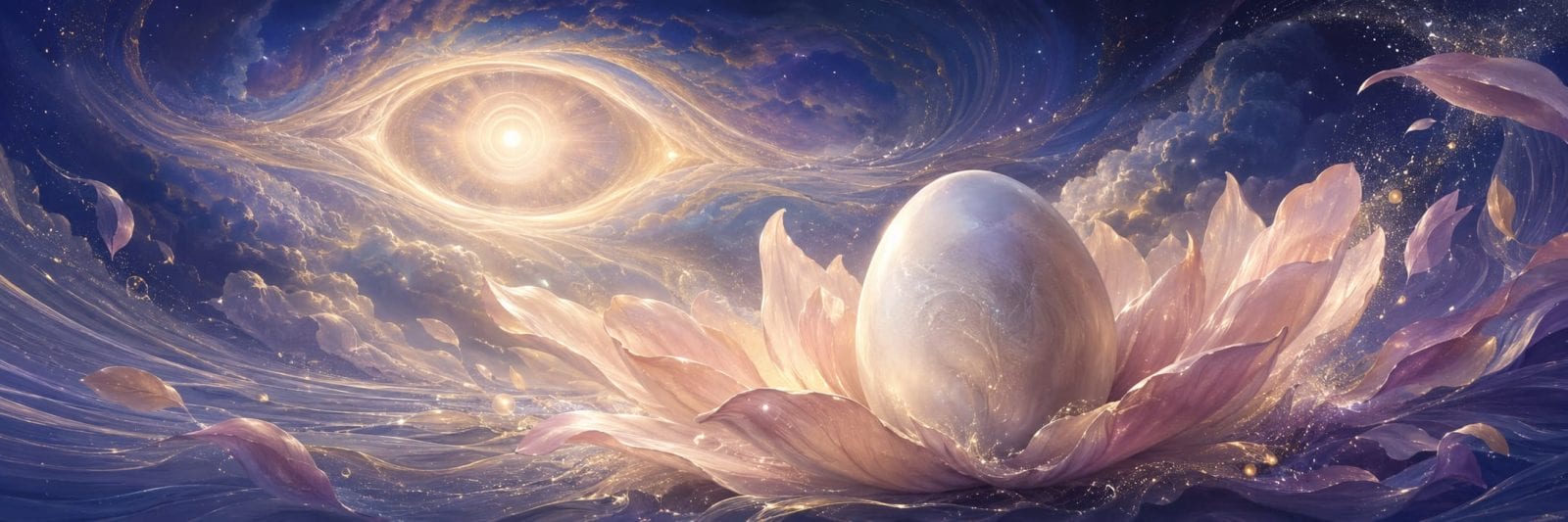 A glowing egg rests in a lotus flower, floating in a surreal starry scene with an ethereal eye-shaped light above.