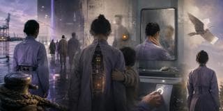 A woman in a purple coat and a child move through futuristic cityscapes, mirrors, and machinery amidst chaos.