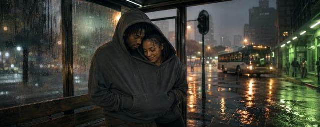 Two people in hoodies embrace at a rainy bus stop, with city lights and reflections on the wet pavement behind them.