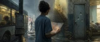A woman in scrubs studies a map on a rainy street as patients wait outside a worn building.