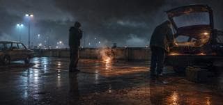 Two people stand by a car with audio equipment on a wet, empty rooftop at night as smoke rises nearby.