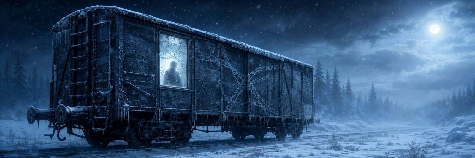 A snowy train car sits under a full moon; inside, a lone figure represents resilience and spirit during the night.