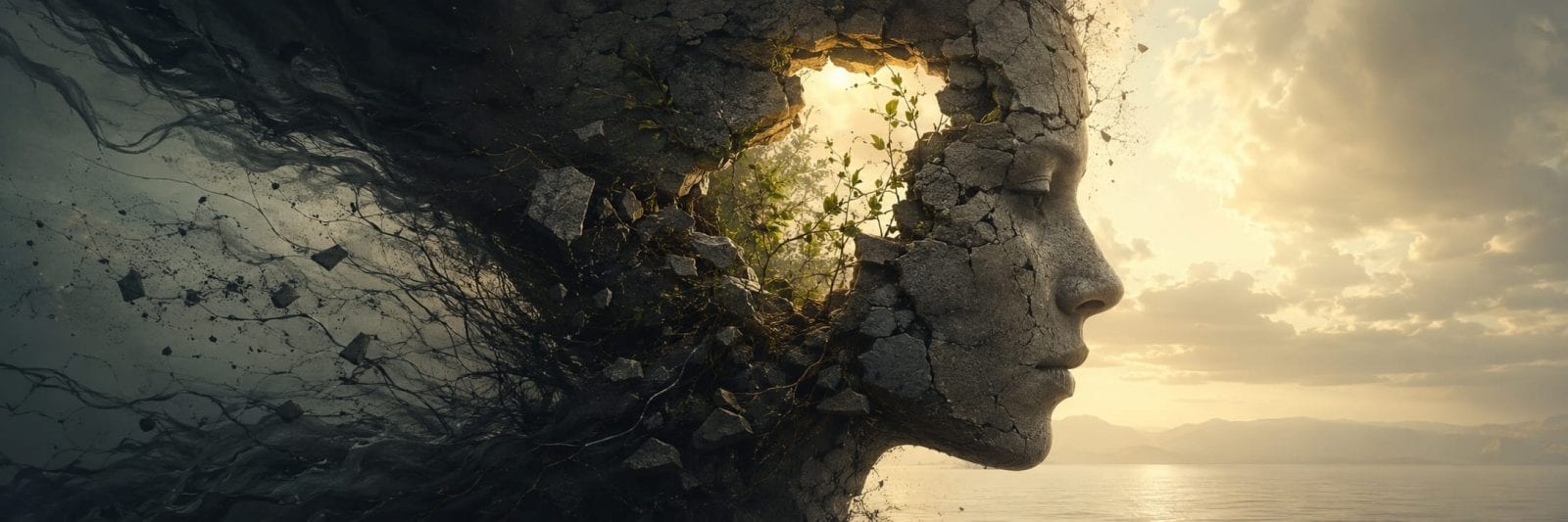 A stone face with a hollow center filled with greenery overlooks water, symbolizing strength and spirit.