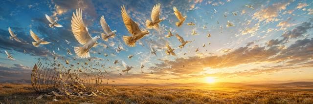 White doves flying from a broken cage at sunrise with clouds and mountains in the background.