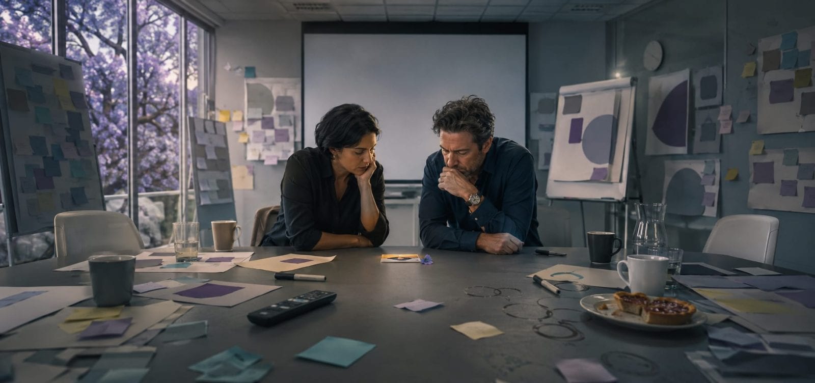 Two people at a cluttered meeting table focus on a small object, hinting at subtle office subversion.
