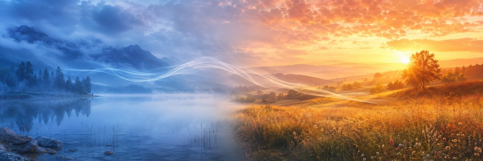 Landscape featuring a blue lake and mist on one side, and a sunny golden meadow on the other beneath a cloudy sky.