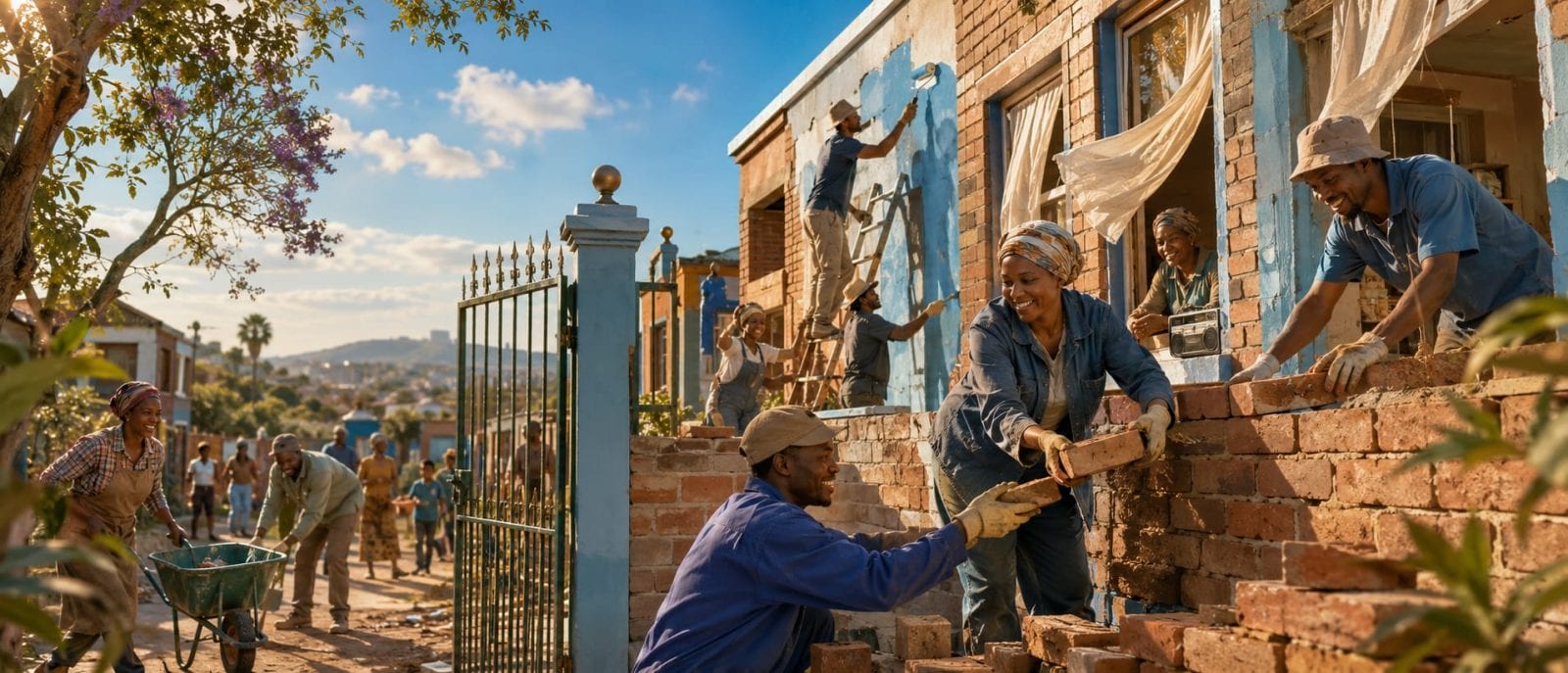 People building and painting a brick house together, smiling as they work under a clear blue sky.