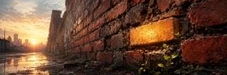 Old brick wall with green plants and a glowing golden brick. City skyline and puddles suggest nature and reflection.