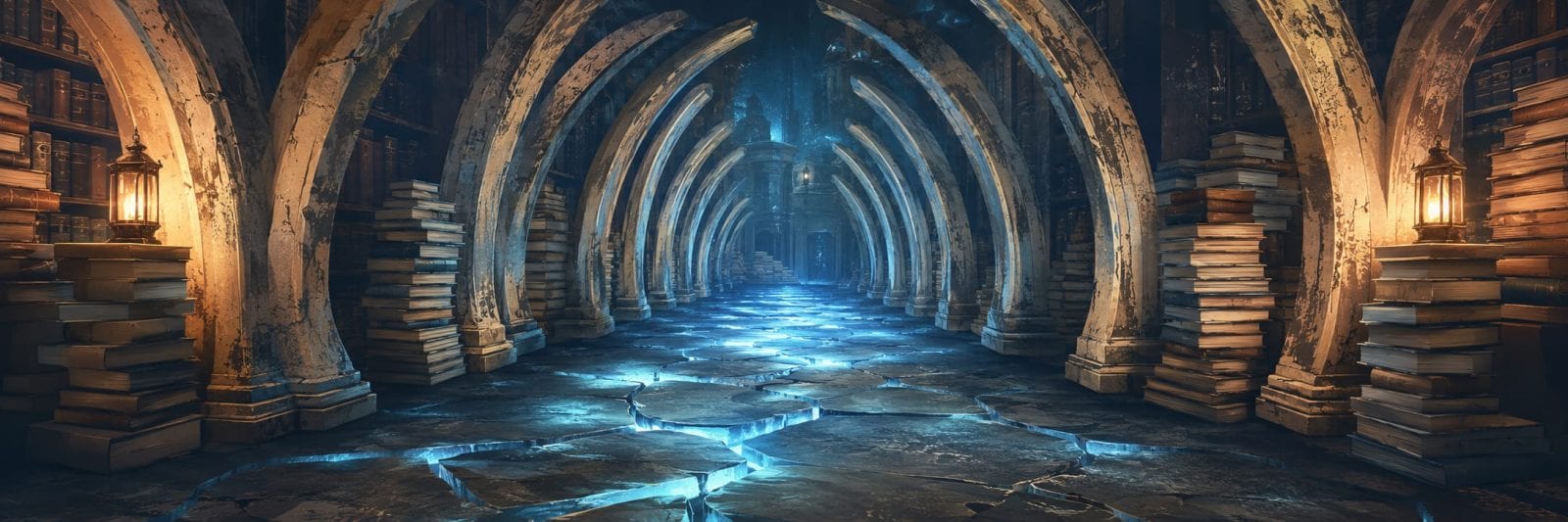 Arched stone hallway lined with books and glowing blue cracks, lanterns lighting each step.