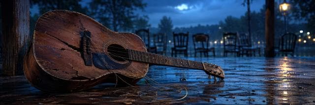 A broken acoustic guitar with loose strings rests on a wet wooden floor at dusk, with empty chairs in the background.