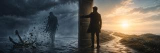A man opens a door between wild nature’s reflection, revealing a stormy scene on one side and a sunlit path ahead.